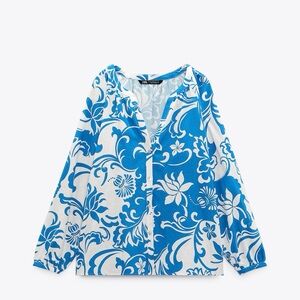 Zara blue and White Floral Button-Front Blouse